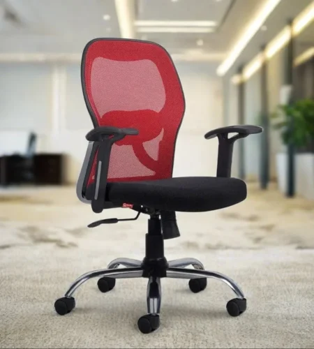 High Back Red Mesh Revolving Office Chair, Fixed Arm